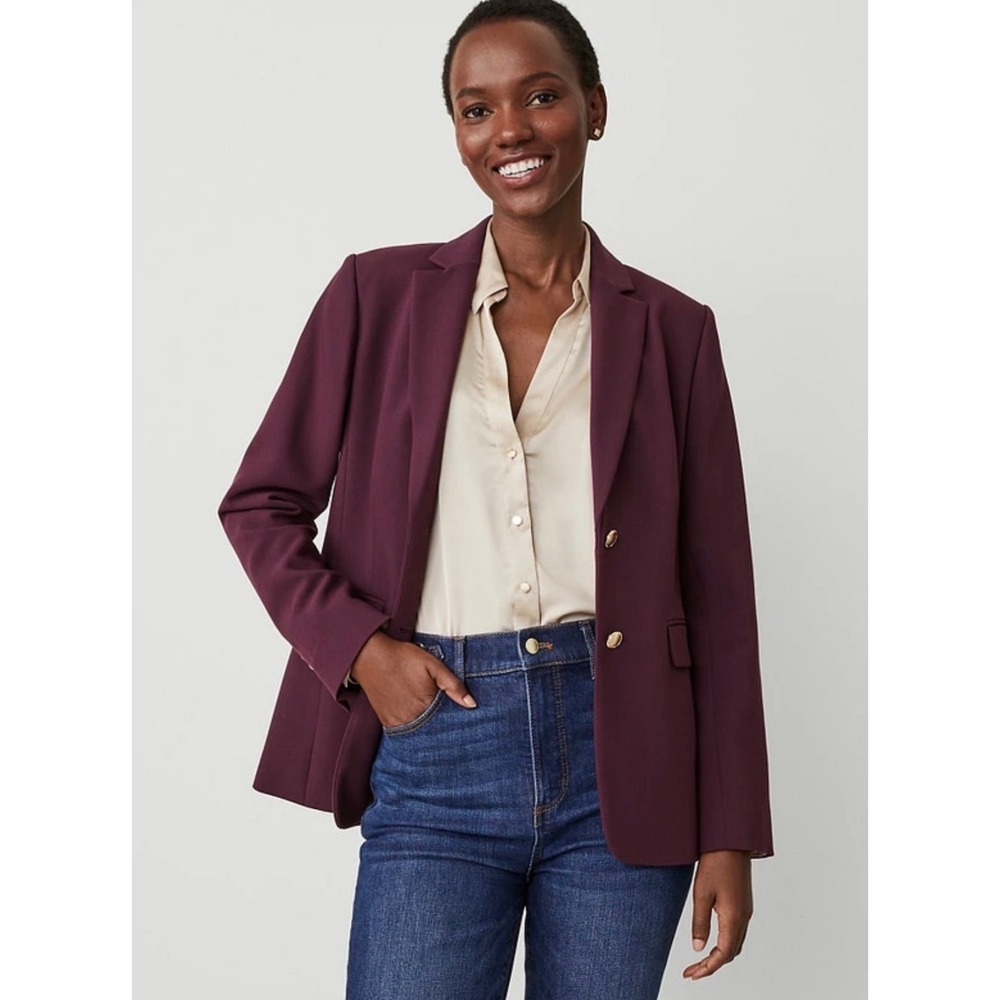 Ann Taylor Greenwich Blazer Women 4 Plum Burgundy Two Gold Buttons